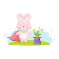 Cute cartoon Easter bunny with magic wand gets out carrot from the hat . Royalty Free Stock Photo