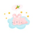 Cute cartoon Easter bunny sleeping on the fluffy cloud and dreames about a carrot.