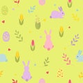 Cute cartoon Easter eggs, rabbits with sprigs flowers, hearts. Seamless pattern.