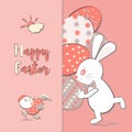 Cute cartoon easter rabbits. Bunny holding an egg, paints an egg, looking at an egg