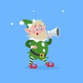 Cute cartoon elderly elf in googles and command through the speaking-trumpet. Christmas funny character. Santa Claus helper. Elfis Royalty Free Stock Photo