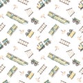 Watercolor seamless pattern multidirectional with cute cartoon electro trains, trains, railroad rails, traffic light pointers on