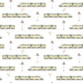 Children`s watercolor seamless pattern with cute cartoon electro trains, railway signs, traffic lights on a white background