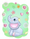 Cute cartoon elephant with beautiful eyes with a butterfly surrounded by flowers, children`s illustration Royalty Free Stock Photo