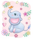 Cute cartoon elephant with beautiful eyes with a butterfly surrounded by flowers, children`s illustration Royalty Free Stock Photo