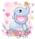 cartoon elephant with beautiful eyes with a butterfly surrounded by flowers, children`s illustration Royalty Free Stock Photo