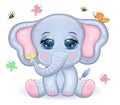 Cute cartoon elephant with beautiful eyes with a butterfly surrounded by flowers, children`s illustration Royalty Free Stock Photo