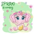 Cute cartoon elephant, childish character with beautiful eyes holding easter egg Royalty Free Stock Photo