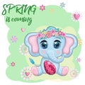 Cute cartoon elephant, childish character with beautiful eyes holding easter egg Royalty Free Stock Photo