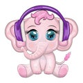 Cute cartoon elephant, childish character with beautiful eyes wearing headphones, music lover listening to music