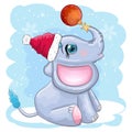 Cute cartoon elephant, childish character with beautiful eyes wearing santa hat, scarf, holding gift, christmas ball Royalty Free Stock Photo
