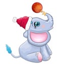 Cute cartoon elephant, childish character with beautiful eyes wearing santa hat, scarf, holding gift, christmas ball Royalty Free Stock Photo