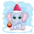 Cute cartoon elephant, childish character with beautiful eyes wearing santa hat, scarf, holding gift, christmas ball Royalty Free Stock Photo