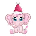 Cute cartoon elephant, childish character with beautiful eyes wearing santa hat, scarf, holding gift, christmas ball Royalty Free Stock Photo