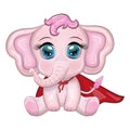 Cute cartoon elephant, childish character in super hero red cape