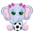 Cute cartoon elephant, children's character with beautiful eyes with a soccer ball, games for children and adults