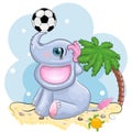 Cute cartoon elephant, children's character with beautiful eyes with a soccer ball, games for children and adults Royalty Free Stock Photo