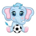 Cute cartoon elephant, children's character with beautiful eyes with a soccer ball, games for children and adults