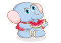 Cute cartoon elephant eating watermelon