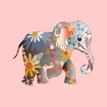 Cute cartoon elephant filled with embroidered flowers ornament on a pink background. Greeting card, print for fabric Royalty Free Stock Photo