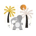 Cute cartoon elephant and palm trees. Safari vector illustration for kids