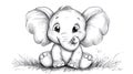 Cute Baby Elephant Sketch Sitting in Grass, Black and White Pencil Drawing Royalty Free Stock Photo