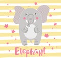 Cute cartoon elephant on a striped background.