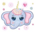 Cute cartoon elephant-unicorn with beautiful eyes with a butterfly surrounded by flowers, children`s illustration Royalty Free Stock Photo