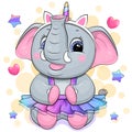 Cute cartoon elephant wearing a rainbow skirt and a unicorn headband.