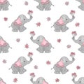 Cute cartoon elephants with flowers seamless vector pattern