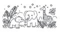 Cute Cartoon Animals in Jungle Safari Elephants and Giraffe Line Art Royalty Free Stock Photo