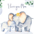 Watercolor card with cute cartoon Mother`s Day elephants Royalty Free Stock Photo
