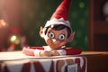 cute cartoon elf on the shelf, watching over gifts