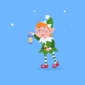 Cute cartoon elf taking a vintage lantern. Christmas funny character. Santa Claus helper. Elfish boy. Isolated on blue background