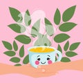 Cute cartoon Emoji cup with tea in female hands
