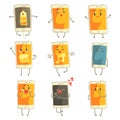 Cute cartoon emoticon phones with funny faces set. Smartphones with different emoticons characters