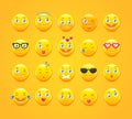 Cute cartoon emoticons. Emoji icons. Yellow smiles