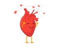 Cute cartoon enamored human heart character emotion. Happiness dizzy and hearts fly. Vector circulatory organ mascot