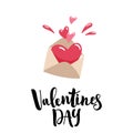 Cute cartoon envelope with a juicy red heart inside. Valentine day lettering. Vector template.