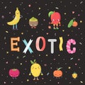 Cute cartoon exotic fruit illustration with lettering. Part two.