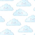 Cute cartoon face cloud seamless pattern, blue background, watercolor illustration