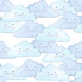 Cute cartoon face cloud seamless pattern, blue background, watercolor illustration