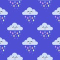 Cute cartoon face cloud seamless pattern with colorful rain drops