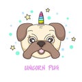 Cute cartoon face unicorn dog pug. Vector illustration.