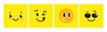 Cute cartoon faces on yellow cards. Yummy face, smile with sunglasses and embarrassed muzzle. Vector bright positive