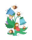 Cute cartoon fairies and bumblebees. Little flower girls with wings. Forest gnomes. Bell flower. Royalty Free Stock Photo