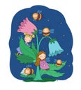 Cute cartoon fairies and bumblebees. Little flower girls with wings. Forest gnomes. Bell flower.