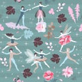 Cute cartoon fairies and elves with leaves and flowers on green striped background. Musical notes, stars, petals, roses. Royalty Free Stock Photo
