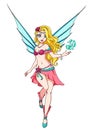 Cute cartoon fairy with blonde hair and blue wings. Pink dress. Hand drawn vector illustration Royalty Free Stock Photo