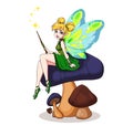 Cute cartoon fairy with butterfly wings sitting on flower. Girl with blonde buns wearing green dress. Hand drawn vector Royalty Free Stock Photo